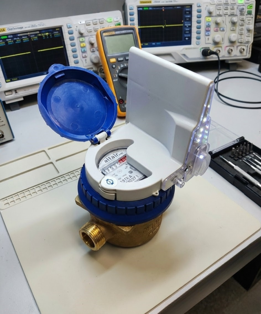 Contador de agua con módulo de telelectura, en banco de pruebas antes de su instalación
